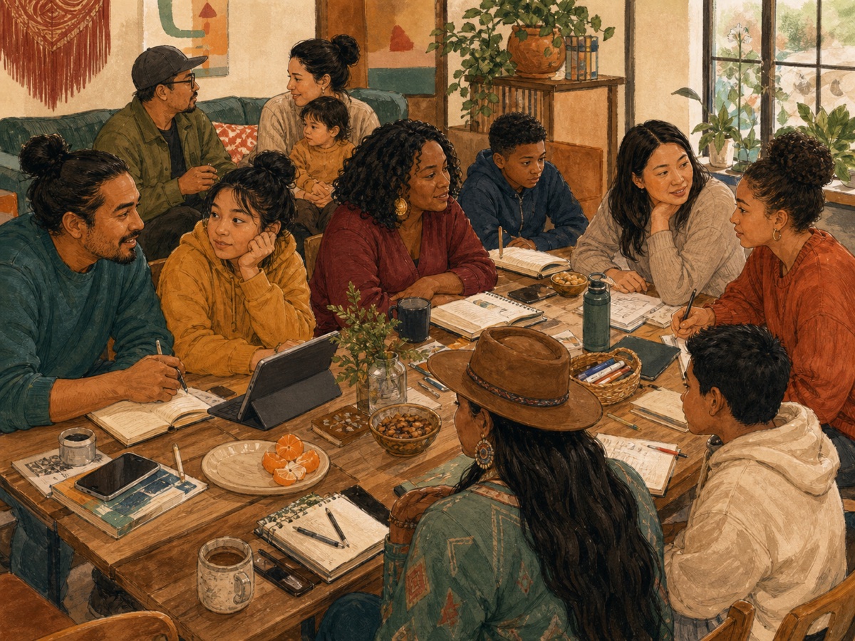 Diverse family learning circle meeting around a long table